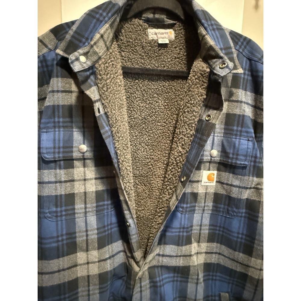 Carhartt Shirt Jacket Mens Lg Blue Plaid Sherpa Lined Flannel Snap Front 103821 - Picture 4 of 8